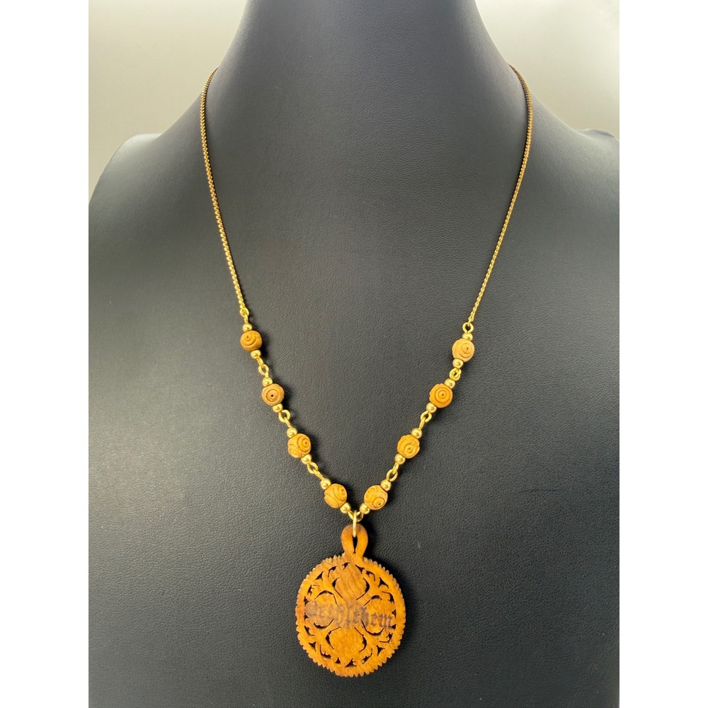 Vintage Bethlehem Hand Carved Olive Wood Floral Pendant Necklace Gold Tone Chain
